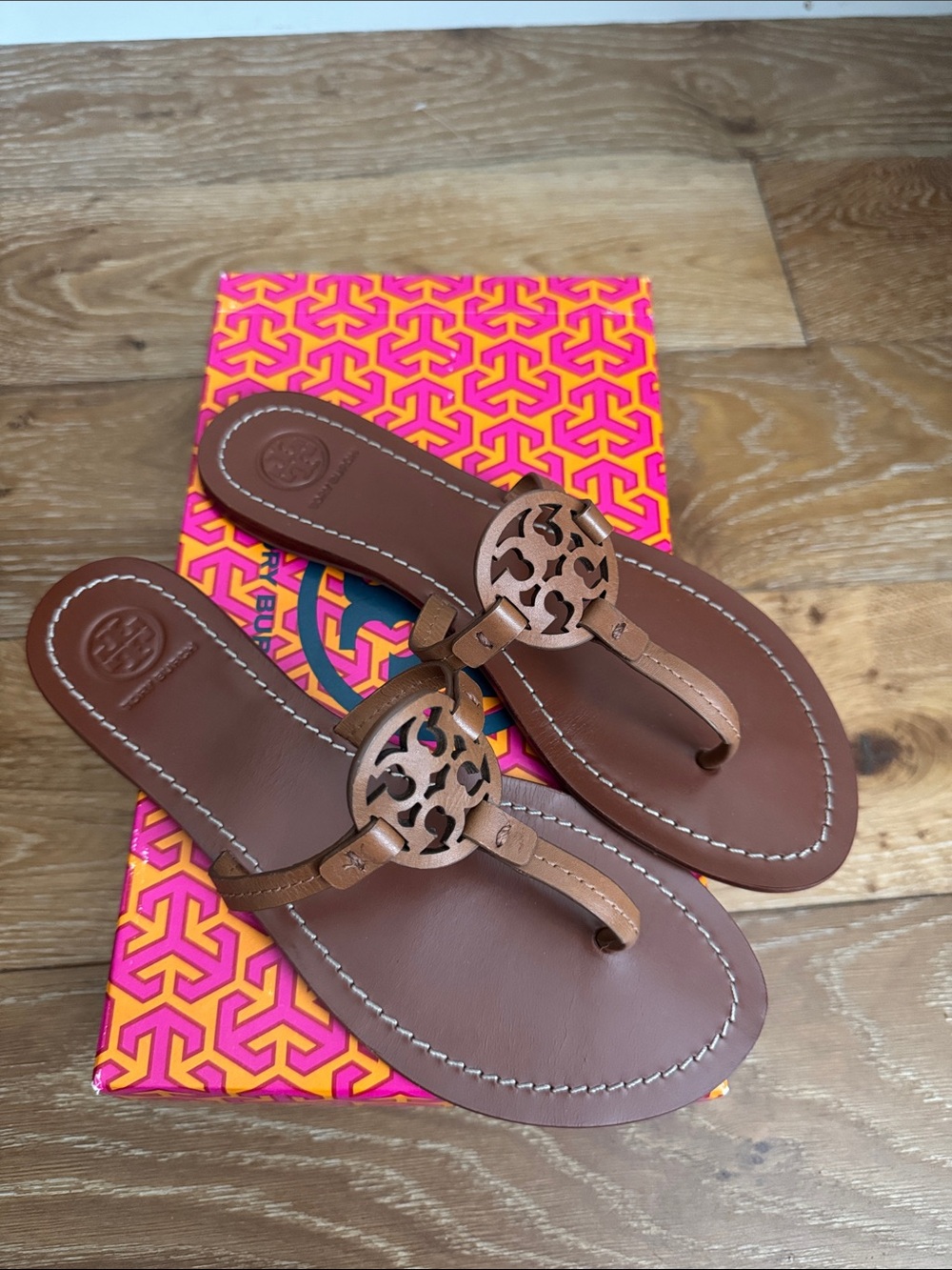 Tory Burch Miller Logo Brown Leather Thong Sandals